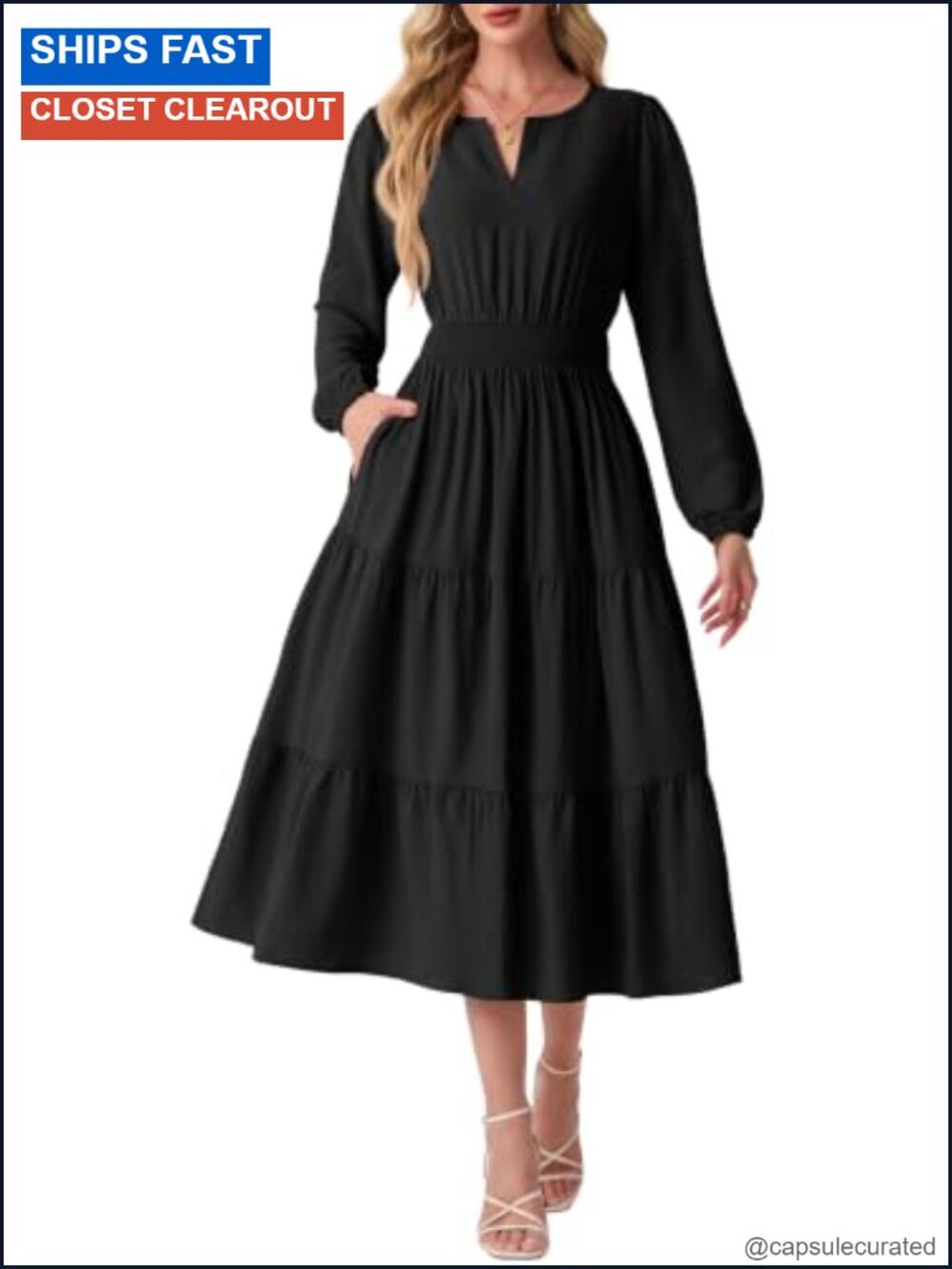 Women's Long Sleeve V-Neck Maxi Dress with Pockets, Smocked Waist, Casual Fall